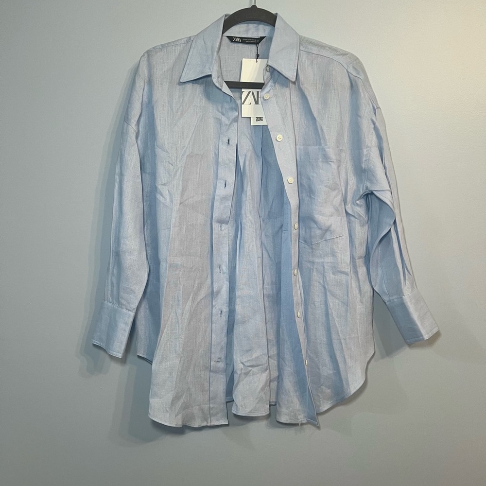 Zara Blue Linen Oversized Button Up Shirt